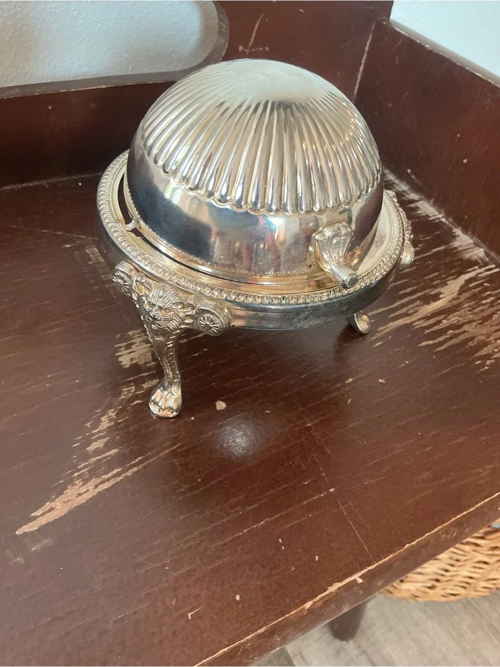 Vintage Silver Plate Roll Top Lid Caviar Butter Dish Server Lion Heads Claw Feet